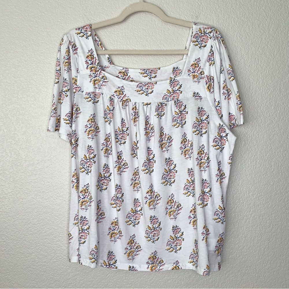 Lucky Brand White Floral Square Neck Short Sleeves Top, Size XXL